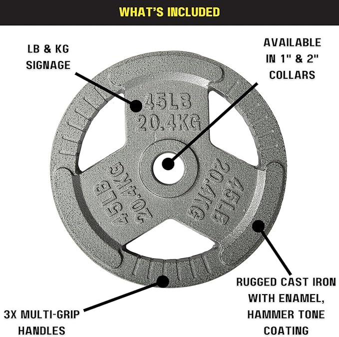 HulkFit 1 inch and 2 inch Cast Iron Weight Plate with Multi-Grip Handles and Enamel Coated for Barbells & Plate Only Strength Training - Grey