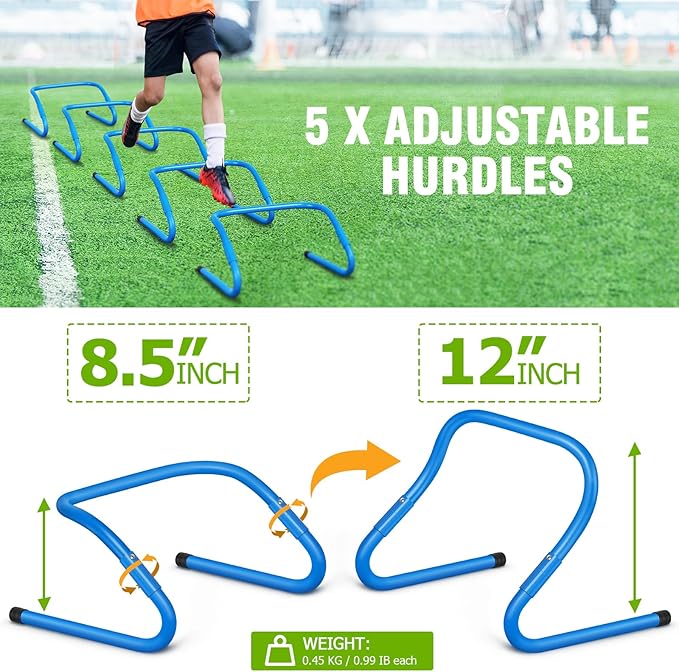 Speed and Agility Training Equipment: 5 Adjustable Agility Hurdles. 20ft Agility Ladder, Soccer Training Equipment Set for Kids Youth Adults