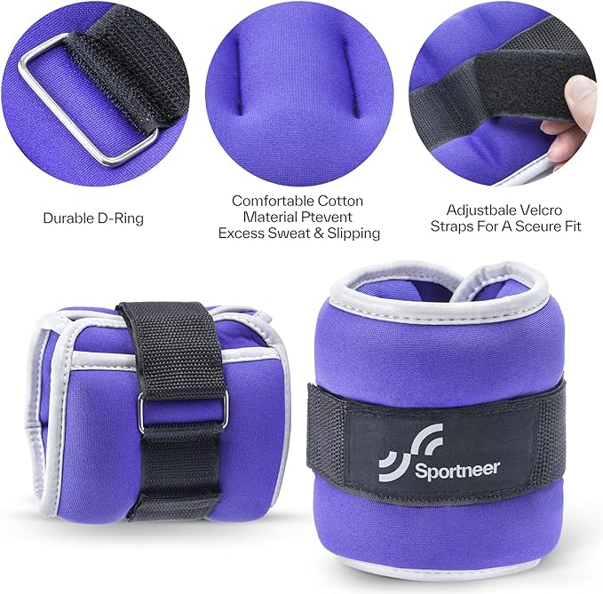 Sportneer Ankle Weights Wrist Weights for Women and Kids, Strength Training Wrist Hand Cuff Weights Set Comfortable and Soft Perfect for Dancing Running Walking Fitness Workout, 0.5 lbs Each Pack, 1 Lbs Pair (Purple)