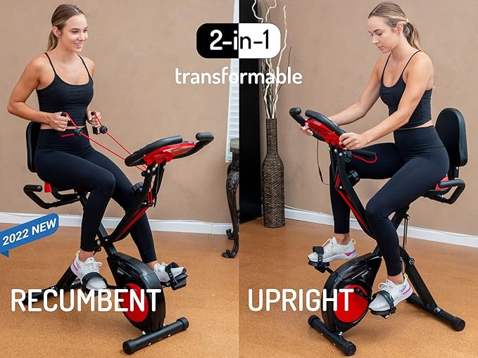 YYFITT 3-IN-1 Exercise Bike with Luminous Digits Display | Folding Stationary Bikes for Home Seniors | Compact Workout Bike with Fully Support Backrest - Wider Seat - 16 Level Magnetic Resistance