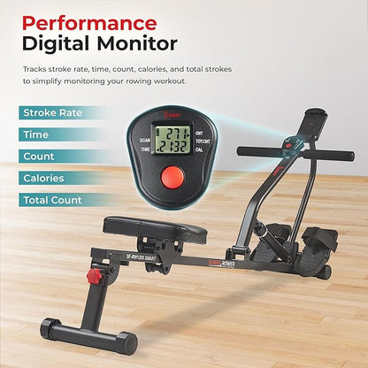 Sunny Health & Fitness Compact Adjustable Rowing Machine with 12 Levels of Complete Body Workout Resistance and Optional SunnyFit App Enhanced Connectivity