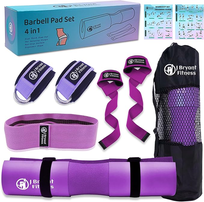 J Bryant Barbell Pad Set with 2 Ankle Straps for Cable Machines Hip Resistance Band Weight Lifting Straps Thick Cushion Hip-Thrusts Pad with Carry Bag for Squats Bench Press Workout