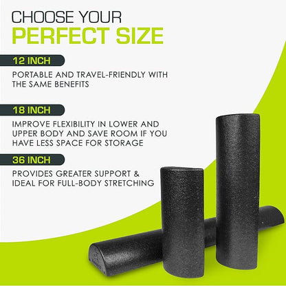 ProsourceFit High Density Foam Rollers 18 - inches Long. Firm Full Body Athletic Massager for Back Stretching, Yoga, Pilates, Post Workout Trigger Point Release, Black