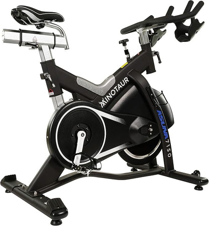 Sunny Health & Fitness ASUNA 7150 Minotaur Exercise Bike Magnetic Belt Drive Commercial Indoor Cycling Bike with 330 LB Max Weight, SPD Style/Cage Pedals and Aluminum Frame, Black