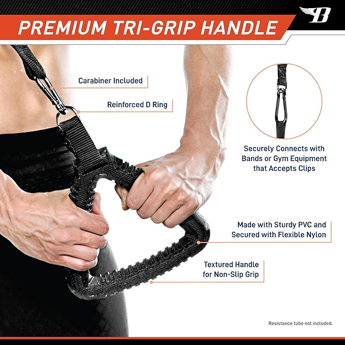 Tri-Grip Single Handle with Carabiner Clip Workout Resistance Tube Accessory BBTG-005 , 2.50 x 7.00 x 8.00 inches