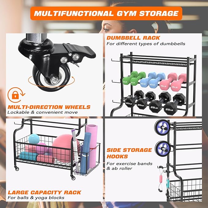 Yoga Mat Storage Rack, Home Gym Storage Rack for Dumbbells, Kettlebells, Foam Roller, Yoga Strap and Resistance Bands, Exercise Equipment Storage Organizer With Wheels