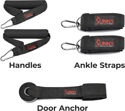 Sunny Health & Fitness Premium Resistance Band Set with Door Anchors, Wrist Straps, Handles Carry Bag Optional Padded Ankle Straps (Pair) for Strength Training, Booty Workout, Lower Body Exercises