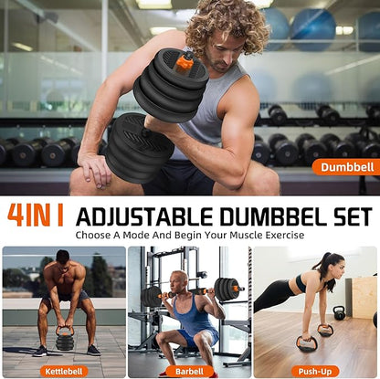 4 in 1 Adjustable Dumbbell Set with Connecting Rod Used as Barbell, Kettlebells, Push up Stand, Fitness Exercises for Home Gym, Orange