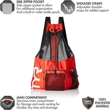 TYR Big Mesh Mummy Backpack for Wet Swimming, Gym, and Workout Gear, Red