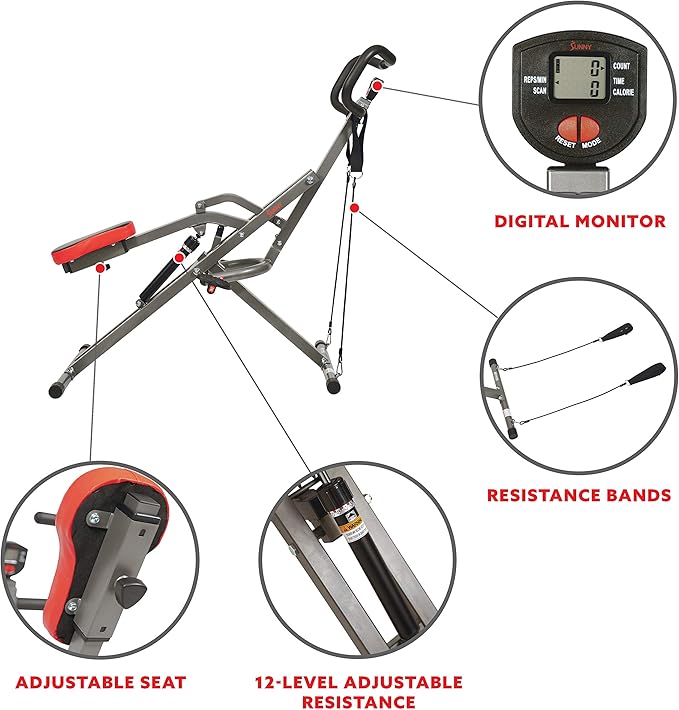 Sunny Health & Fitness Row-N-Ride PRO Squat Assist Trainer, 300 LB. Capacity, 12 Levels Resistance Rower, Easy Setup & Foldable, Exercise Equipment, Rower, Glute & Leg Trainer Machine - SF-A020052