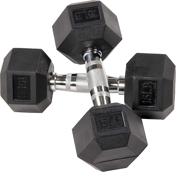 Signature Fitness Rubber Encased Hex Dumbbell, Set Including 10, 15, 20LB Pairs