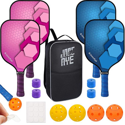 JoncAye Pickleball-Paddles-Set of 4 or 2 Rackets with Balls and Bag | USAPA Approved Pickle-Ball Equipment with Accessories | Fiberglass/Graphite Pickleball Racquet Set for Men, Women, Kids, Adults