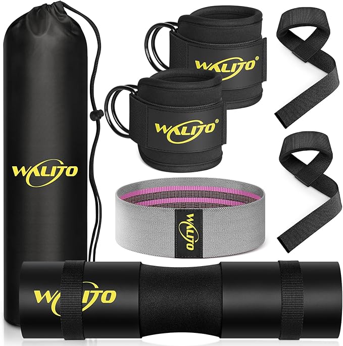 WALITO 8Pcs Barbell Pad Set for Hip Thrust - Squat Pad for Barbell Lunges, Bench Press, with 2 Gym Ankle Straps, 3 Resistance Bands for Working Out, 2 Lifting Strap, Carry Bag