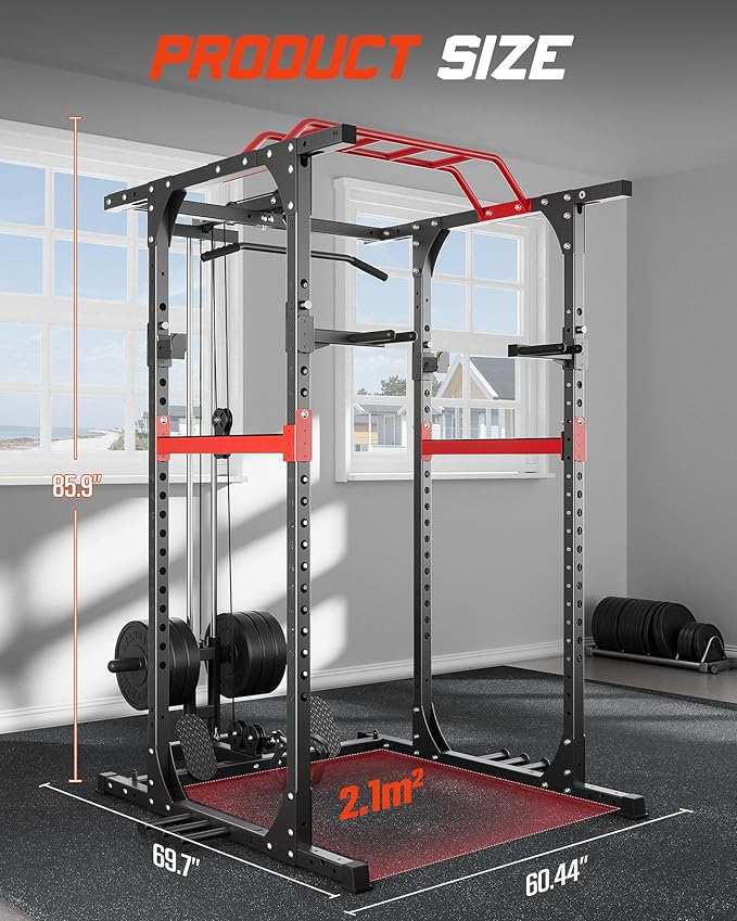 Power Cage, 1200lbs Capacity Power Rack with Adjustable Cable Crossover System, Multi-Function Squat Rack with Pulley System, Weight Cage for Home Gym with Training Attachments