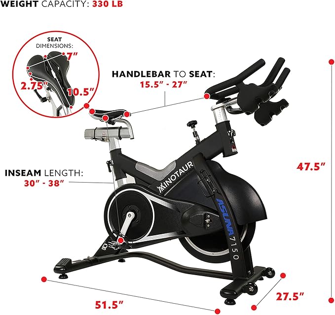 Sunny Health & Fitness ASUNA 7150 Minotaur Exercise Bike Magnetic Belt Drive Commercial Indoor Cycling Bike with 330 LB Max Weight, SPD Style/Cage Pedals and Aluminum Frame, Black