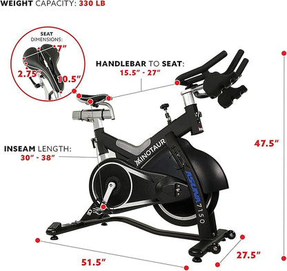 Sunny Health & Fitness ASUNA 7150 Minotaur Exercise Bike Magnetic Belt Drive Commercial Indoor Cycling Bike with 330 LB Max Weight, SPD Style/Cage Pedals and Aluminum Frame, Black