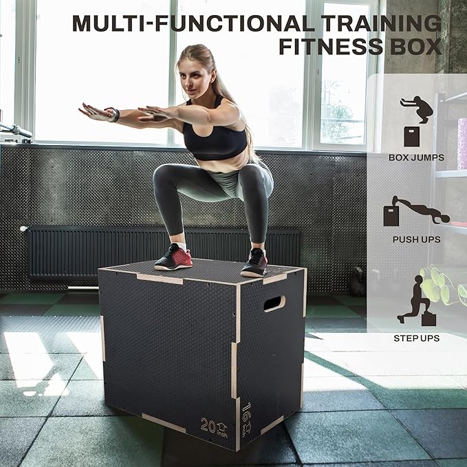 Signature Fitness 3 in 1 Non-Slip Wooden Plyo Box Plyometric Box Jumping Exercise, Multiple Sizes