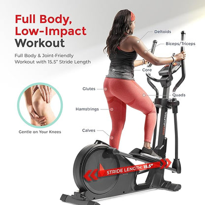 Sunny Health & Fitness Programmable 16 Electro-Magnetic Elliptical Cross Trainer Exercise Machine, Full-Body Cardio Equipment w/ 24 Pre-Built Workouts, 330LB Capacity,Optional Bluetooth w/SunnyFit App