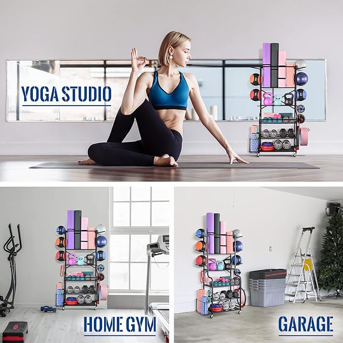 Mythinglogic Yoga Mat Storage Racks,Home Gym Storage Rack for Dumbbells Kettlebells Foam Roller, Yoga Strap and Resistance Bands, Workout Equipment Storage Organizer With Hooks and Wheels