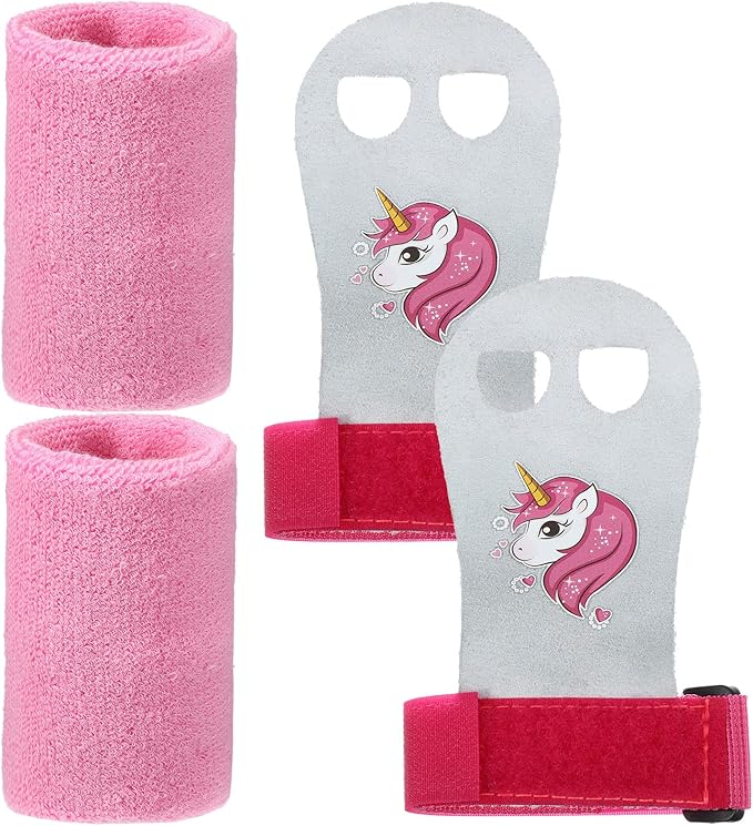 Skylety Sports Gymnastics Grips Wristbands Unicorn Kids Gymnastic Grips Gymnastic Bar Grips with Pink Sweatbands Gymnastics Equipment Hand Grips for Girls Kids Youth