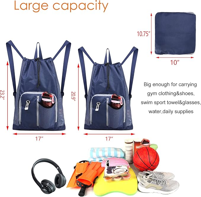 BeeGreen Small Drawstring Backpack Sports Bags Workout Gifts Bag Gym Gear Backpack for Men Women Swim Bags for Swimmers Pool Beach Backpack Navy Blue