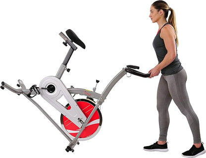 Sunny Health & Fitness Indoor Stationary Cycling Exercise Bike for Home Cardio Workout, 4-Way Adjustable & Cushioned Seat, Optional Magnetic Resistance & Exclusive SunnyFit App Enhanced Bluetooth Link