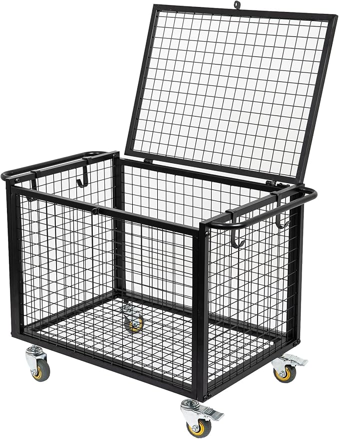 Metal Basketball Rolling Cart Sports Equipment Storage Wheel Basket Matte Black Athletic Lockable Cage with Raised Handle Gym Home Garage School Court Field Football Soccer Ball Volleyball Bat