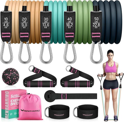 RENRANRING Resistance Bands for Working Out, 150LBS Exercise Bands, Workout Bands, Resistance Bands Set with Handles for Men Women, Legs Ankle Straps for Muscle Training