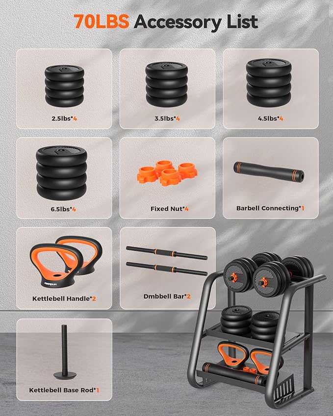 FEIERDUN Adjustable Dumbbells, 20/30/40/50/60/70/90lbs Free Weight Set with Connector, 4 in1 Dumbbells Set Used as Barbell, Kettlebells, Push up Stand, Fitness Exercises for Home Gym Suitable Men/Women