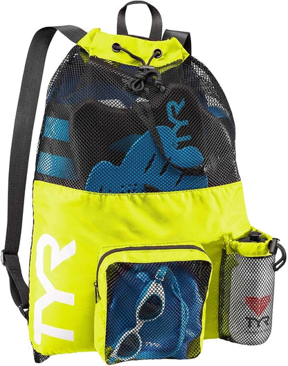 TYR Big Mesh Mummy Backpack for Wet Swimming, Gym, and Workout Gear, Yellow