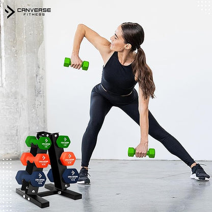 Neoprene Workout Dumbbells Weights - Non Slip, Anti Roll Exercise & Fitness Dumbbells Combo With Rack - Hex Shaped Hand weights for Men & Women - Ideal for Home and Gyms training