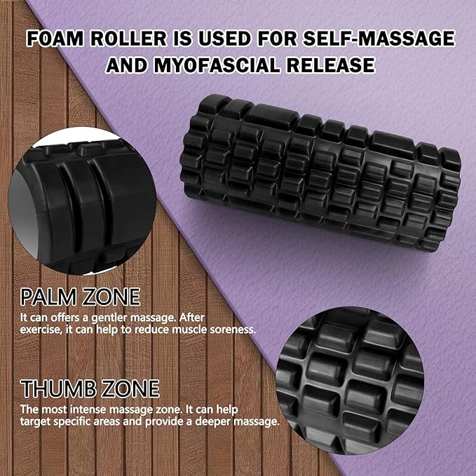 5 in 1 Foam Roller Set for Deep Tissue Muscle Massage, Trigger Point Fitness Exercise Foam Roller, Massage Roller, Massage Ball, Stretching Strap, for Whole Body (Black)