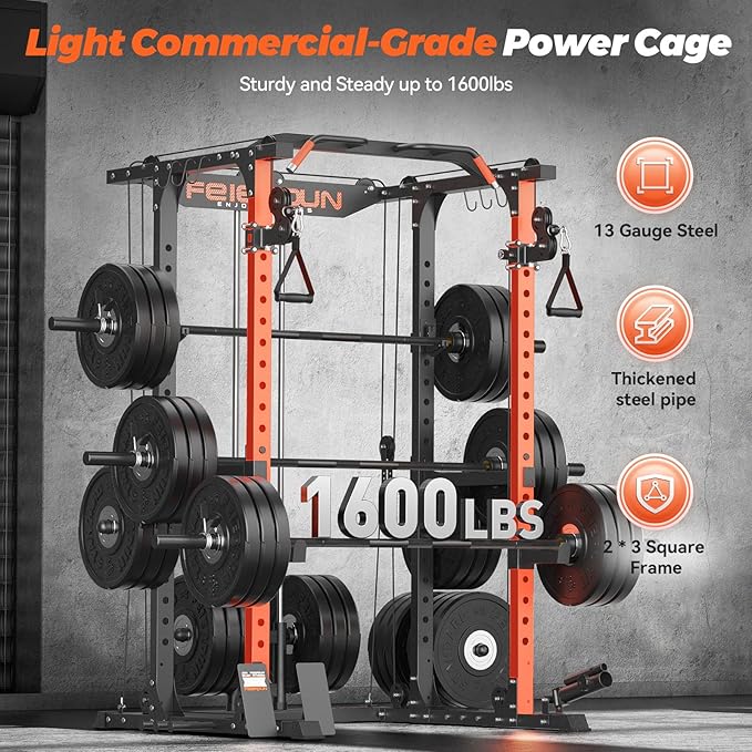 FEIERDUN Multi-Function Squat Rack Power Cage FLA01 with Cable Crossover System, 2000LBS Capacity Power Rack and Packages with Optional Weight Bench, Olympic Barbell Weight Set, for Garage & Home Gym