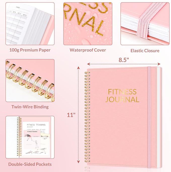 Fitness Journal Workout Planner for Men & Women, A4(8.5" x 11") Workout Journal Log Book Planner for Track Gym Essentials, Home Workouts, Track Progress, Achieve Goals, Pink