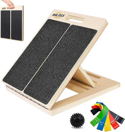 Portable Slant Board Foldable Wooden Calf Stretcher Slant Board for Squats 500 Lbs Weight Capacity, Comes with Resistance Bands & Massage Ball, Adjustable Incline Board for Knees Ankle Heel Feet Leg