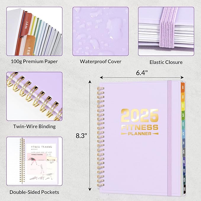 2025 Fitness Workout Journal Planner for Women & Men, from JAN 2025 - DEC 2025 Exercise Planner, 6.4" x 8.3" Fitness Tracker Journal Essentials for Goals, Tracking, Gifts with PVC Plastic Cover,Purple