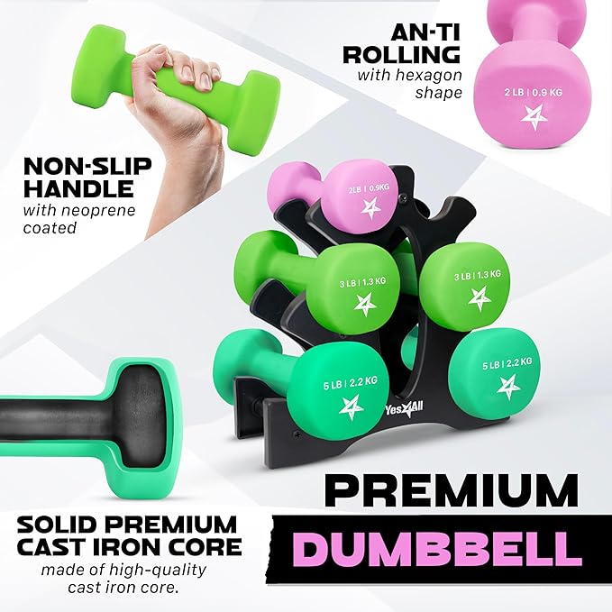 Yes4All Neoprene Coated Dumbbell Hand Weight Sets - Multiple Weight Options with Rack, Anti-roll, Anti-Slip, Hexagon Shape