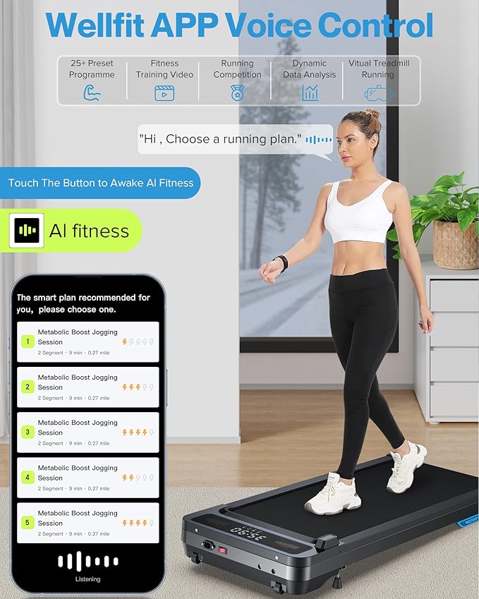 Incline Under Desk Walking Pad: Voice Controlled Smart Standing Treadmill Works with KINOMAP WELLFIT APP for Home Office - 300 Lbs Capacity Quiet Treadmills with LED Screen Remote Control