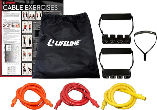 Lifeline Resistance Trainer Kit with Adjustable Resistance Level Bands for More Workout Options Includes Triple Handles, Door Anchor, Multiple 4ft Exercise Tubes, Instruction Guide and Carry Bag