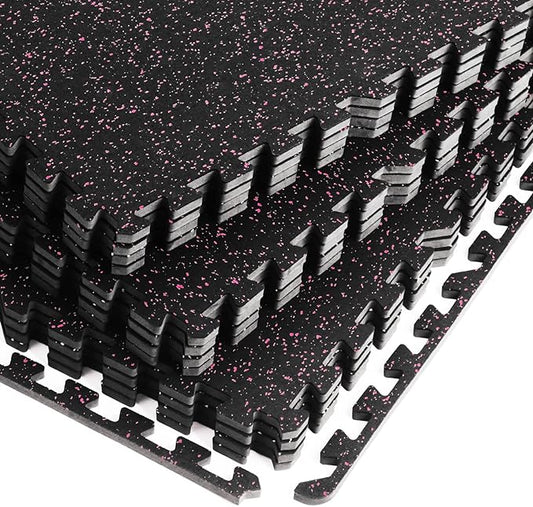 0.56 Inch Thick Gym Flooring for Home Gym with Rubber Top - 48 Sq Ft Interlocking Gym Floor Tiles - Workout Equipment Vibration Reduction Mats - 12 Pcs 24 x 24in Tile, Black & Pink