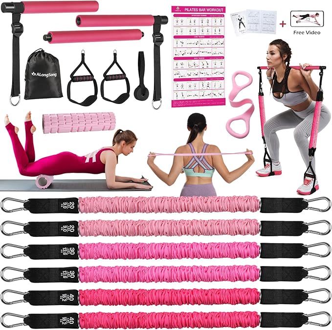 Portable Pilates Bar Kit with Resistance Bands for Women & Men, Upgraded 3 Section Multifunctional Yoga Pilates Stick for Home Gym Exercise Fitness Equipment Supports Full-Body Workouts