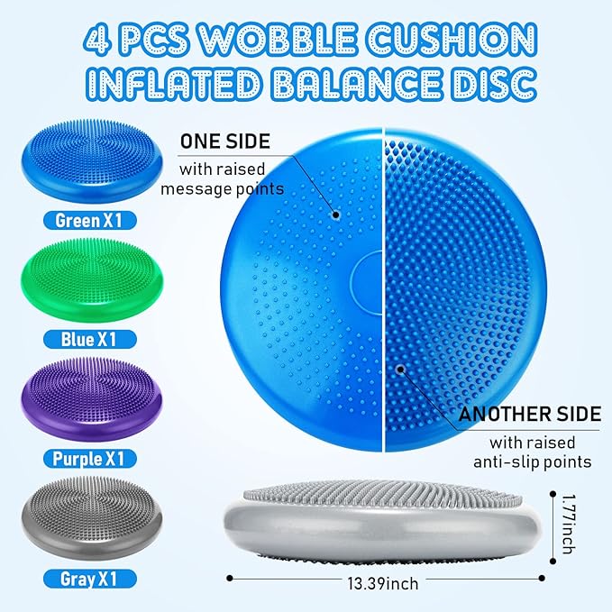 4 Pcs Wiggle Seat Flexible Inflated Wobble Cushion Stability Balance Pad Balance Disc Sensory Seat for Kids Men Women Fitness Physical Exercise Improving Posture Home School Office