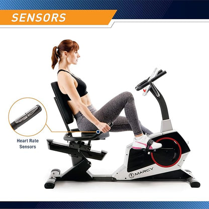 Marcy Regenerating Recumbent Exercise Bike with Adjustable Seat, Pulse Monitor and Transport Wheels ME-706