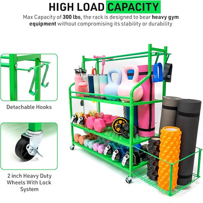 Dumbbell Rack – Weight Rack for Home Gym with Fitness Accessories – Neon Green Weight Storage Racks with Wheels – Home Gym Storage Rack with Side Basket for Dumbbells, Balls, Kettlebells