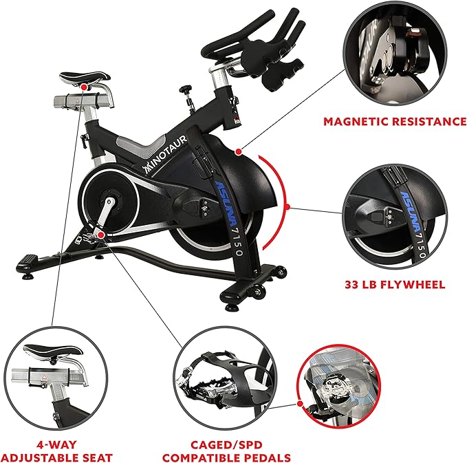 Sunny Health & Fitness ASUNA 7150 Minotaur Exercise Bike Magnetic Belt Drive Commercial Indoor Cycling Bike with 330 LB Max Weight, SPD Style/Cage Pedals and Aluminum Frame, Black