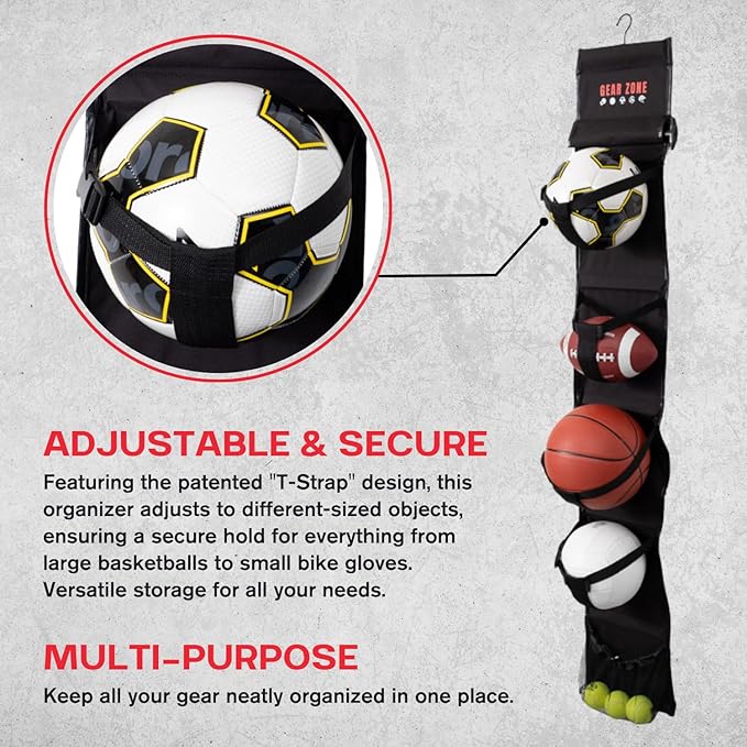 Hanging Sports Equipment Organizer | Multi-Purpose | Garage Sports Ball Storage | Storage for Basketball Football Volleyball Tennis Soccer Biking | Toy Storage | Includes Hook