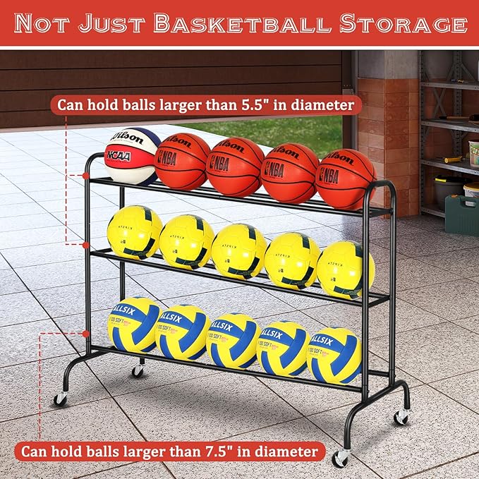 Basketball Rack Training Stand - Tilt Ball Training Equipment Holder Shooting Rolling Storage Cart with Wheels Sports Outdoor Volleyball Soccer Football Garage Organizer Basketball Accessories