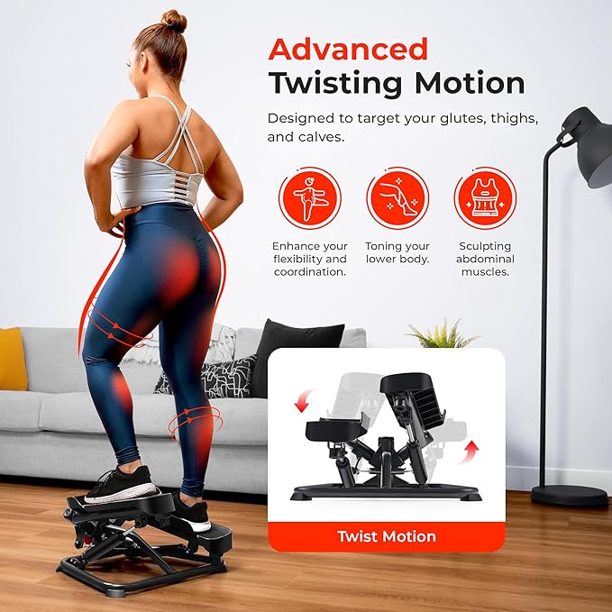 Sunny Health & Fitness Twist Stepper Machine Workout Cardio Equipment Gym Mini Stair Master Climber Thigh Space Squat Twist Stepper Advanced Twisted Resistance Band w Optional Connected Fitness