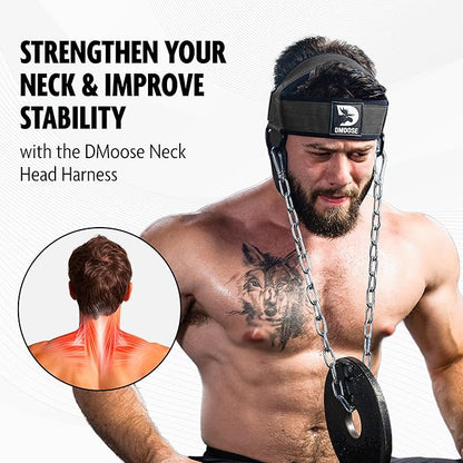 DMoose Neck Harness for Weight Lifting - 30" Heavy Duty Steel Chain - Neck Exerciser, Trainer & Strengthener for Injury Recovery Support & Workout- Adjustable Head & Chin Strap