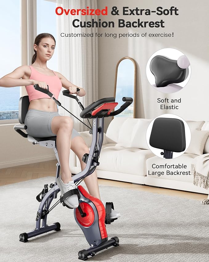 Folding Exercise Bike, Indoor Stationary Bike 16-Level Magnetic Resistance with Arm Resistance Band, Back Support Cushion Workout Bike for Home Workout Gym